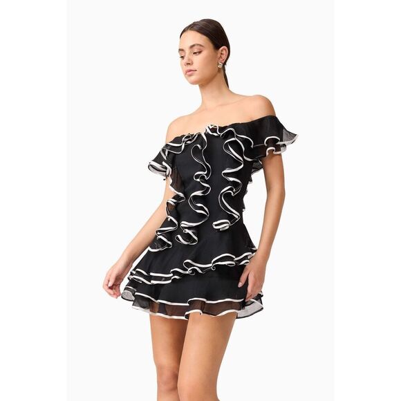 ELLIATT Melissa Tiered Mini Dress Black Wedding Guest Cocktail Party size S NWT - Picture 1 of 6